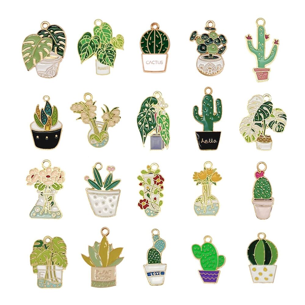 3282 40Pcs 20 Styles Plant Pot Enamel Charms - Alloy Succulent Cactus